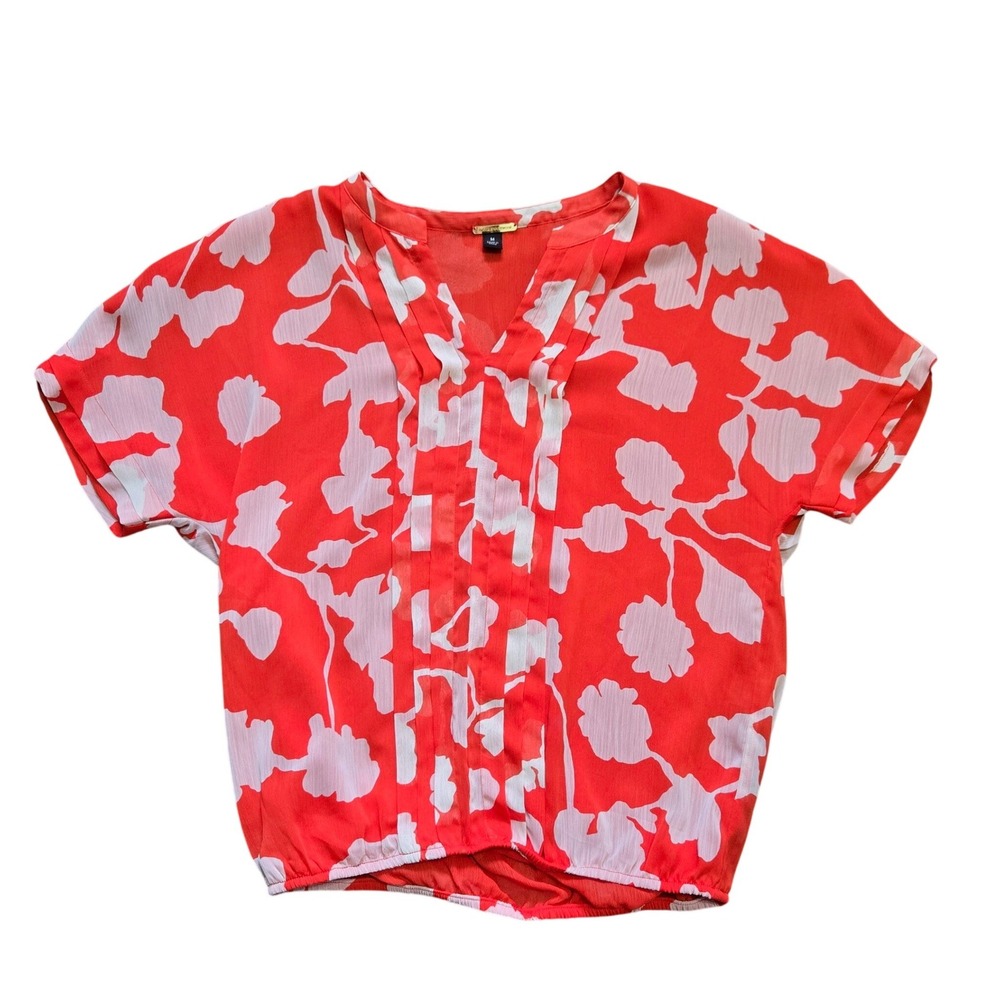Dana Buchman Coral Orange White Floral Pleated V-Neck Bubble Hem Blouse Med